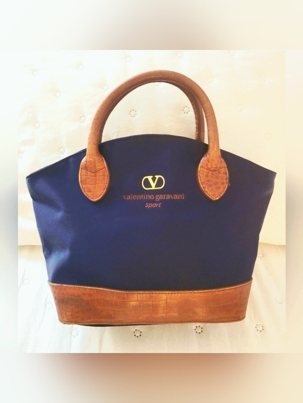 Vintage Valentino Garavani Sport Navy Nylon Tote Bag Brown Croc Leather Accent